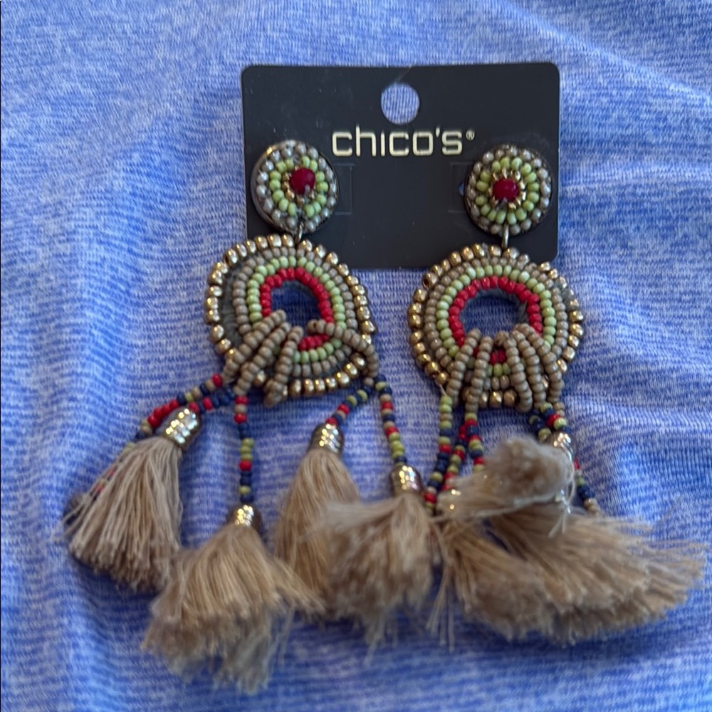 Chico's Red and Green Statement Earrings with Feather Tassels